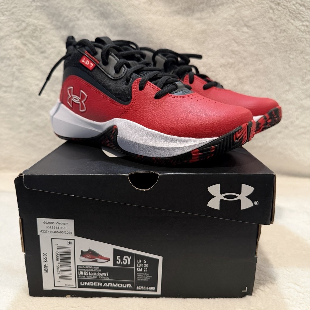Under Armour GS Lockdown 7 Boys Basketball Shoes Red Black Size 5.5Y New In Box